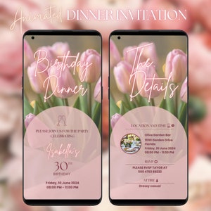 Modello di invito per cena di compleanno Invito animato per festa di compleanno floreale digitale Invito per compleanno per adulti Elegante video di tulipani rosa con fiori Evite