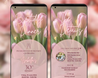 Plantilla de invitación digital para cena de cumpleaños con flores, invitación animada para fiesta de cumpleaños de adultos, elegantes tulipanes rosas, video de invitaciones