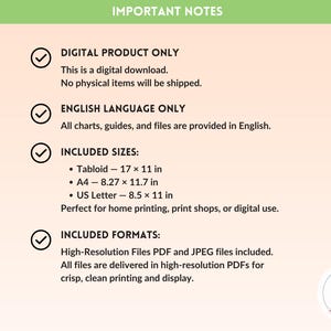 Puede incluir: Un gr&aacute;fico de descarga digital con el texto "NOTAS IMPORTANTES". El texto incluye informaci&oacute;n sobre el producto, una descarga digital, solo en ingl&eacute;s, los tama&ntilde;os y formatos incluidos. Los tama&ntilde;os son Tabloide 43,18 x 27,94 cm, A4 21 x 29,7 cm y US Letter 21,59 x 27,94 cm.