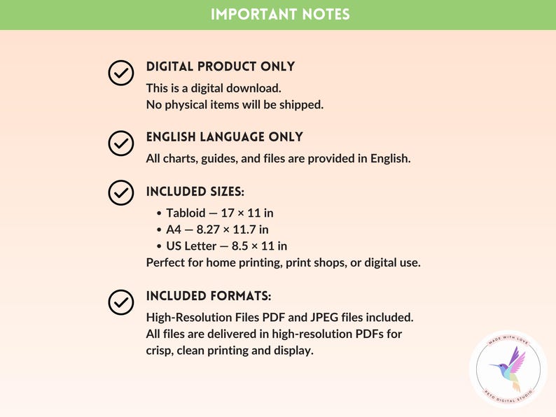 Puede incluir: Un gr&aacute;fico de descarga digital con el texto "NOTAS IMPORTANTES". El texto incluye informaci&oacute;n sobre el producto, una descarga digital, solo en ingl&eacute;s, los tama&ntilde;os y formatos incluidos. Los tama&ntilde;os son Tabloide 43,18 x 27,94 cm, A4 21 x 29,7 cm y US Letter 21,59 x 27,94 cm.