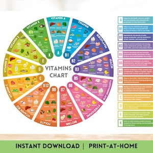 Vitamine-wieldiagram Afdrukbare naslaggids voor gezond eten Poster essentiële voedingsstoffen Vitamine C poster goede gezondheid Voedingsposter Gezonde voeding