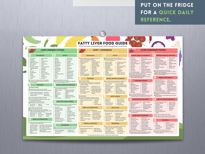 Puede incluir: Una colorida "Gu&iacute;a de alimentos para el h&iacute;gado graso" laminada, con categor&iacute;as como "Alimentos para el h&iacute;gado" y "Alimentos que estresan el h&iacute;gado". La gu&iacute;a est&aacute; dise&ntilde;ada para colocarse en un refrigerador para una referencia r&aacute;pida. El texto dice "Ponlo en el frigor&iacute;fico para una referencia diaria r&aacute;pida".