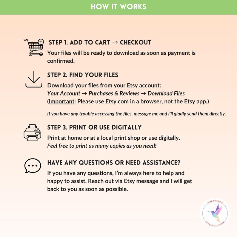 Puede incluir: Infograf&iacute;a "C&Oacute;MO FUNCIONA" con pasos para descargar archivos digitales de Etsy. Los pasos incluyen agregar al carrito, encontrar archivos y imprimir. Tambi&eacute;n se proporciona informaci&oacute;n de contacto.