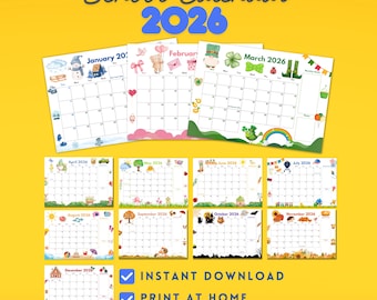 May include: A school calendar for the year 2026, featuring monthly pages with colorful illustrations. Each month has a unique theme, with images of snowmen, shamrocks, and pumpkins. The calendar is available for instant download and print at home.