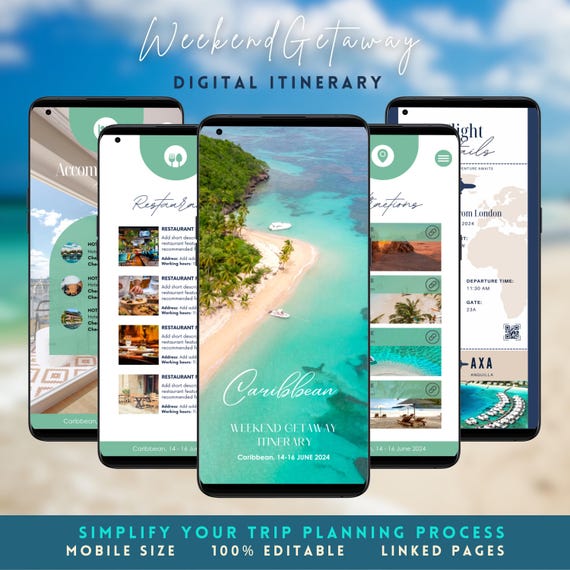 Weekend Getaway Travel Itinerary Template Canva Trip Planner Mobile Honeymoon Itinerary Schedule Girls Trip Itinerary Three Day Vacation
