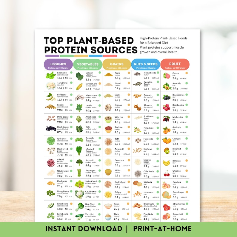 Plant Based Protein Chart Healthy Eating Reference Guide Essential Nutrients Chart Top Protein Rich Foods Nutrition Poster Vegetarian Vegan