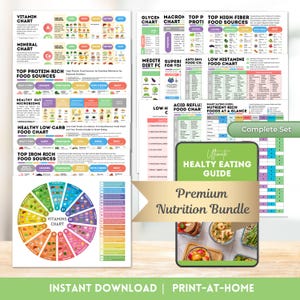 May include: A set of colourful nutrition charts and guides, including vitamin, mineral, and food source charts. The bundle includes a "Healthy Eating Guide" and a "Premium Nutrition Bundle" banner. The text "Instant Download | Print-at-Home" is visible.