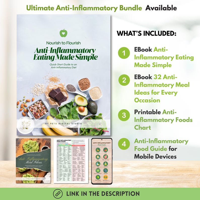 May include: An image promoting an anti-inflammatory eating bundle. It includes an ebook, meal ideas, a food chart, and a mobile guide. The cover of the ebook features the title "Anti-Inflammatory Eating Made Simple" with various healthy foods.