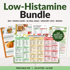 Paket med livsmedelslistor för lågt histamininnehåll, histaminintolerans och MCAS-kostguide, mattabell, måltidsidéer, inköpslista i PDF-format