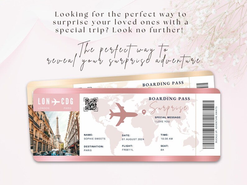 Surprise Trip Reveal Editable Boarding Pass Template Save The Date Boarding Invitation Surprise Ticket Rose Gold Plane Ticket Travel Gift
