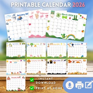 Afdrukbare kalender 2026 Bewerkbare maandplanner Kinderen schema Homeschool Schoolkalender Leraar Wandkalender Sjabloon Familie Karwei