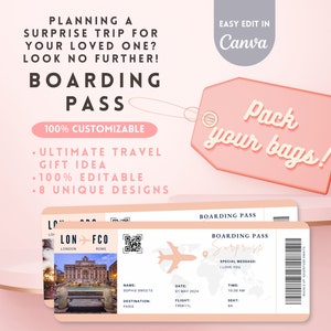 May include: A printable boarding pass template with a pink and white color scheme. The template features a plane icon, a world map, and the text "Surprise". The text "Pack your bags!" is on a pink luggage tag.