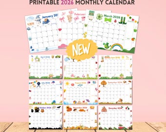 2026 Monthly Calendar Printable Cute Kids Calendar Editable Family Monthly Planner Homeschool School Schedule Organizer Instant Download