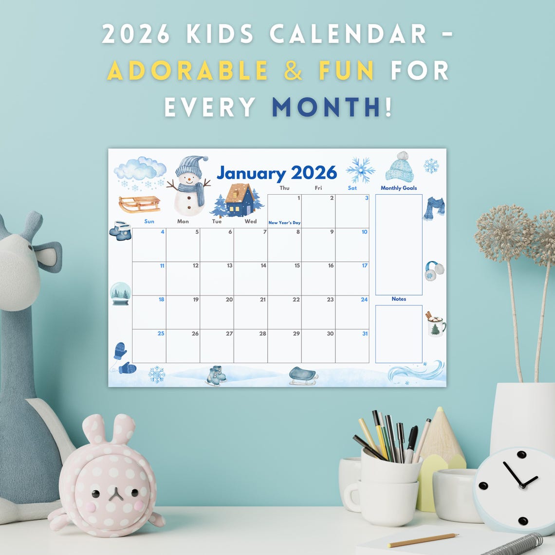 2026 Monthly Calendar Printable Cute Kids Calendar Editable Family ...