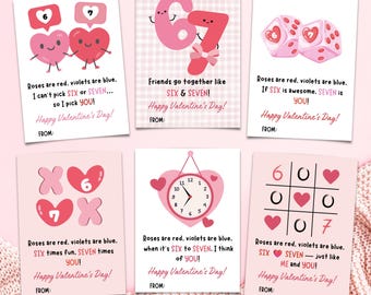 67 Valentinstagskarten für Kinder, druckbare 6-7 Geschenkanhänger, sechs sieben Valentinstagskarten, Klassenzimmerkarten (digitaler Download)
