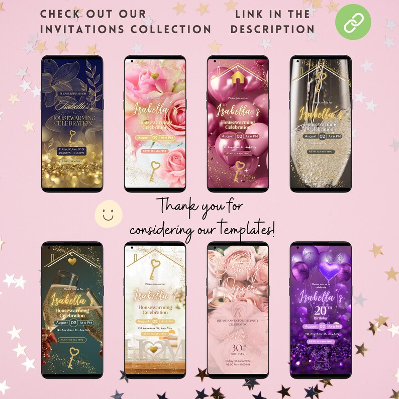 May include: A collection of eight digital phone screen templates for invitations. The templates feature various designs with gold accents, flowers, and text that says "Isabella's Housewarming Celebration".