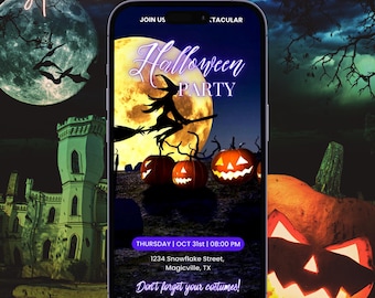 May include: An animated Halloween invitation displayed on a smartphone. The design features a full moon, bats, a witch on a broom, and jack-o'-lanterns. Text includes "Halloween Party," date, time, address, and "Don't forget your costumes!"