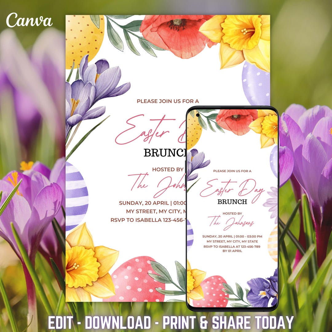 Spring Breakfast Invite Easter Brunch Invitation Printable Digital Editable Spring Flowers ...
