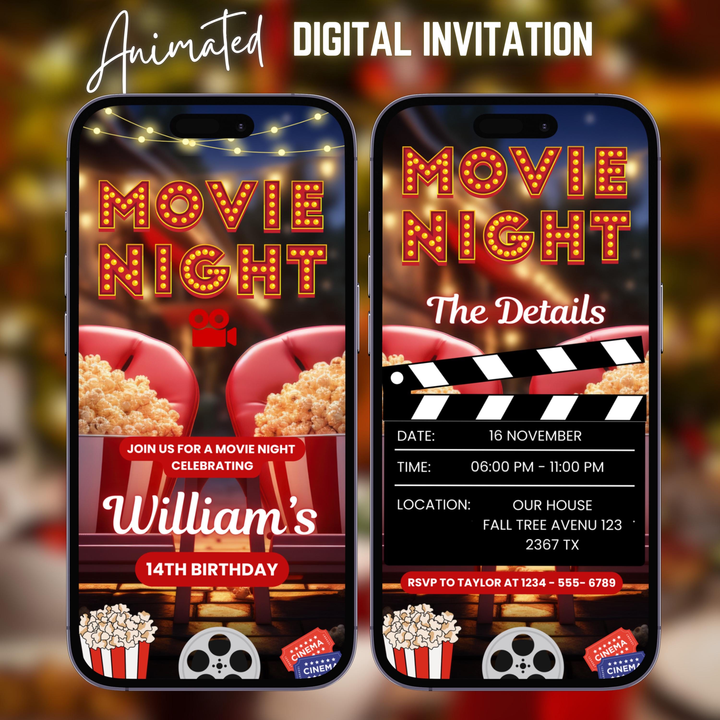 Birthday Movie Night Invitation Template Editable Digital Animated ...