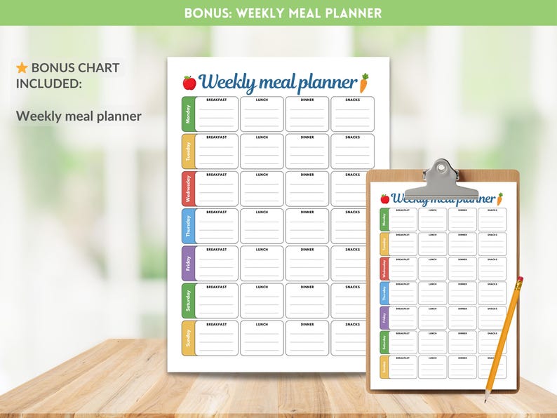 Puede incluir: Un planificador de comidas semanal con un dise&ntilde;o colorido. El planificador incluye secciones para cada d&iacute;a de la semana, con espacios para el desayuno, el almuerzo, la cena y los refrigerios. Tambi&eacute;n se muestra una versi&oacute;n en portapapeles.