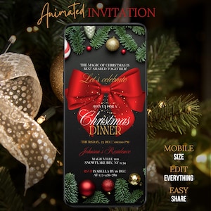 Op de afbeelding: Een digitale kerstdineruitnodiging op een smartphonescherm. Het ontwerp toont een grote rode strik, feestelijke ornamenten en de tekst "Christmas Dinner". De uitnodiging bevat evenementdetails en RSVP-informatie.