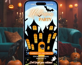 Invitación a fiesta de Halloween, video digital animado, invitación de cumpleaños de Halloween, celebración de cumpleaños, plantilla de video de invitación de Halloween espeluznante