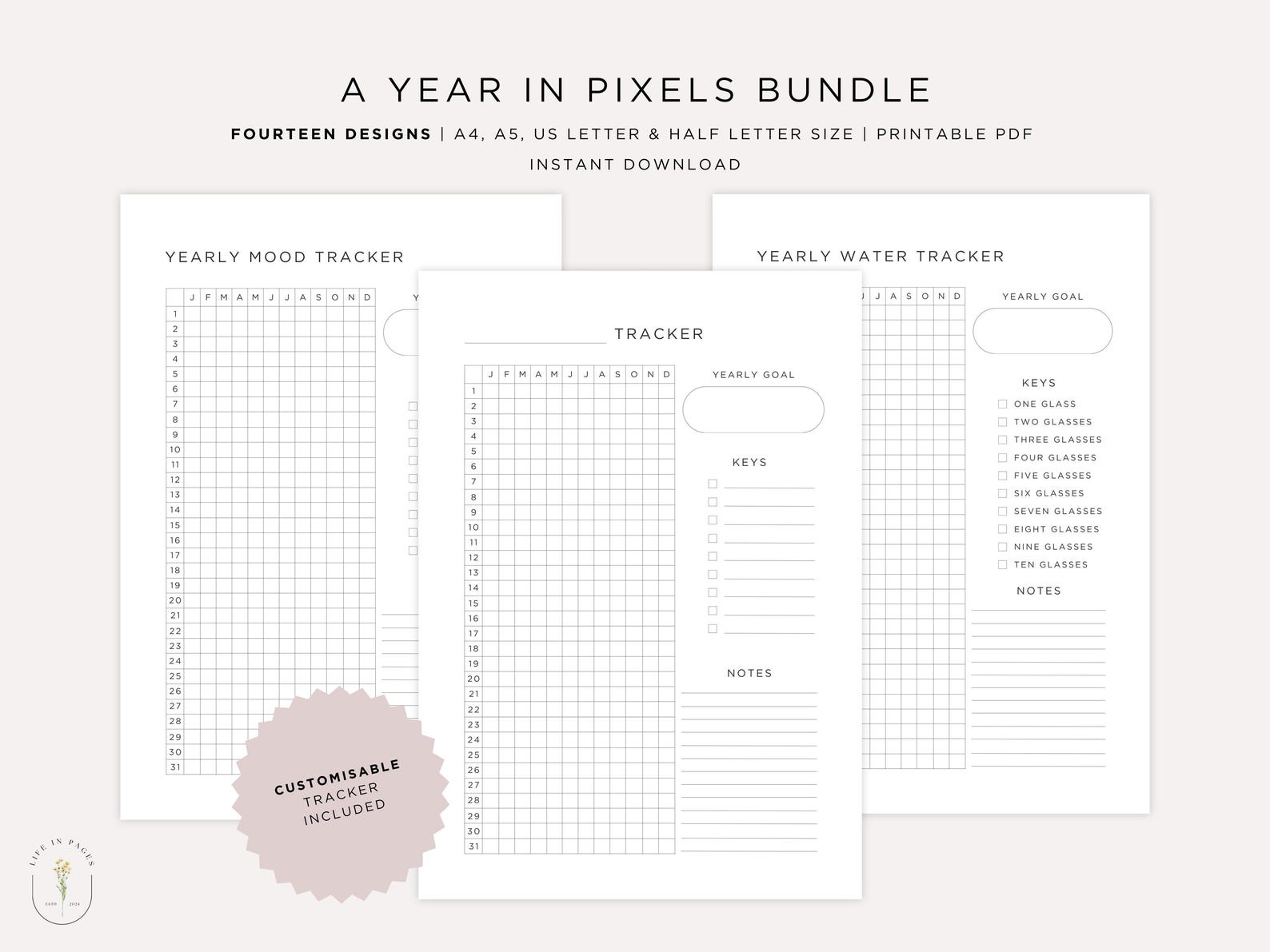 Year in Pixels Printable Habit Tracker Bundle | Customisable | Track ...