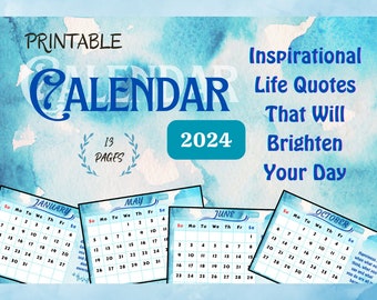 Calendrier bleu de citations inspirantes | 2024 Imprimable | Paysage A4 | 13 pages