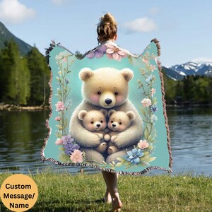 Gift for Mom Blanket: Mothers Day Present from Kids, Mama Bear Woven Throw, Unique Thoughtful Meaningful Birthday, Personalized Custom Idea