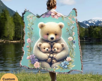 Gift for Mom Blanket: Mothers Day Present from Kids, Mama Bear Woven Throw, Unique Thoughtful Meaningful Birthday, Personalized Custom Idea