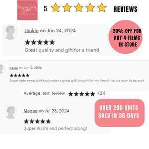 May include: Screenshot of a website with customer reviews for a sweatshirt. The reviews are all positive and mention the sweatshirt's quality, cuteness, and warmth. The website also has a banner advertising a 20% discount on any 4 items purchased in store.