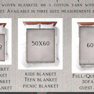 May include: Three woven blankets with fringe in different sizes: 37x52 inches, 50x60 inches, and 60x80 inches. The blankets are made of 100% cotton yarn. The image shows the blankets laid flat on a surface.