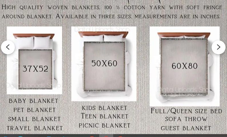 May include: Three woven blankets with fringe in different sizes: 37x52 inches, 50x60 inches, and 60x80 inches. The blankets are made of 100% cotton yarn. The image shows the blankets laid flat on a surface.