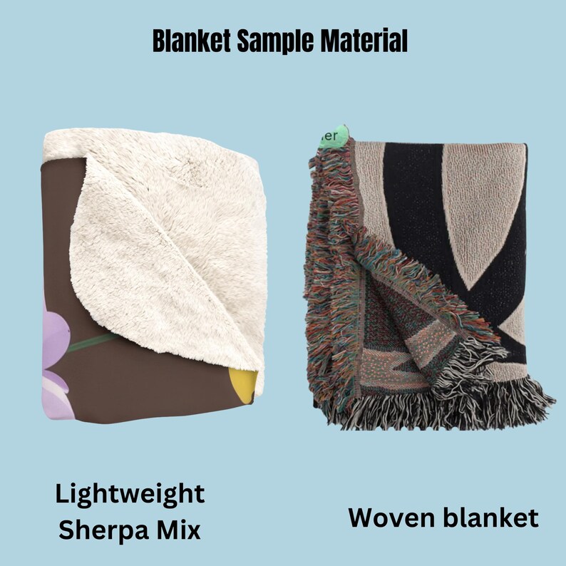 May include: Two blanket samples, one is a lightweight sherpa mix with a floral pattern, the other is a woven blanket with a black and white geometric pattern.