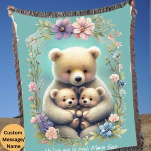 Gift for Mom Blanket: Mothers Day Present from Kids, Mama Bear Woven Throw, Unique Thoughtful Meaningful Birthday, Personalized Custom Idea