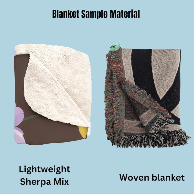 May include: Two blanket samples, one is a lightweight sherpa mix with a floral pattern, the other is a woven blanket with a black and white geometric pattern.