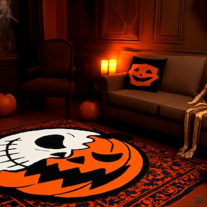 Halloween Pumpkin Skull Rug, Half Skull Half Pumpkin Rug, Spooky Halloween Decor, Gothic Fall Area Rug, Trendy Jack O’Lantern Carpet 2025