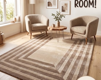 Modern Geometric Hand Tufted Area Rug, Neutral Beige Cream Brown Carpet, Minimalist Border Rug for Living Room, Luxury Mid Century Rug