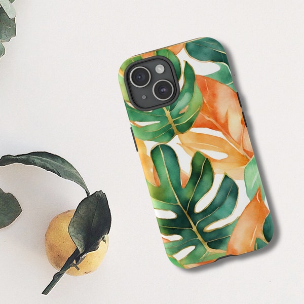 Tropical Summer Leaves Botanical Orange Phone Case Tough Case IPhone 15 Pro Max 14 13 12 11 Samsung S24 S23 S22 S21 S20 Google Pixel 7 6 5