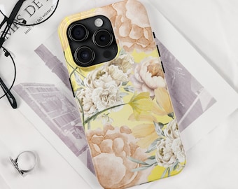 Watercolor Yellow Floral Design Tough Phone Case - IPhone Case 15 Pro Max 14 13 12 11 XS XR 8 7 - Yellow - Soft Floral Design