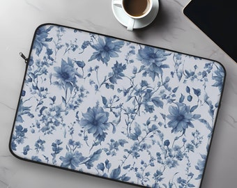 Vintage Wildflowers Laptop Sleeve | Macbook Case - 12 inch | 13 inch | 15 inch - Blue and White - Vintage Design | Blue Toile Pattern