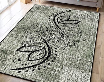 Olive Green Vintage Turkish Rug - Distressed Oriental Design, Modern, Antique Dark Green, Bohemian Traditional