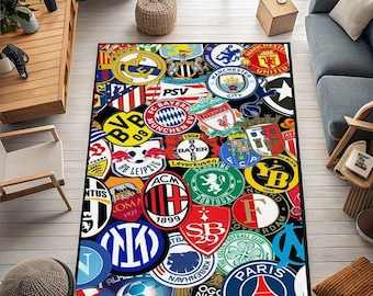 Soccer Team Logos Area Rug, Non-Slip Sports Fan Carpet