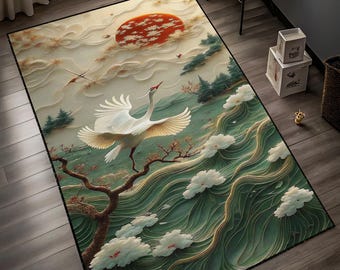 White Stork Turkish Rug: Japanese Crane Bird Design