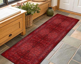 Red Custom Turkish Oushak Runner Rug, Vintage Hallway Rug, Boho Decor
