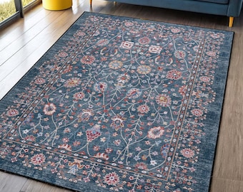 Midnight Blue Turkish Floral Rug, Vintage Oushak Style, Non Slip