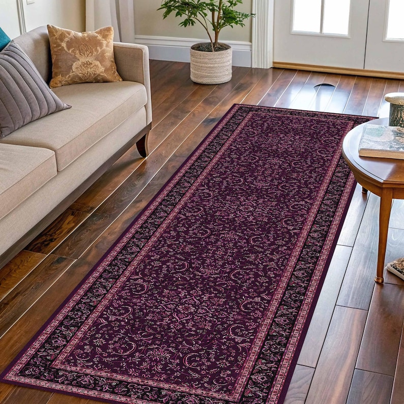 Purple Overdyed Turkish Runner Rug: Floral Hallway Rugs, Vintage Oushak ...