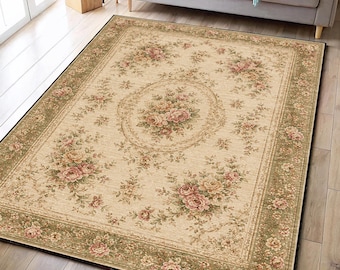 Vintage Floral French Country Area Rug, Beige Pink Rose Cottagecore Carpet