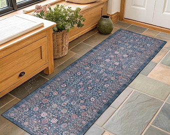 Blue Turkish Runner Rug, Floral Oushak Style, Non Slip Washable