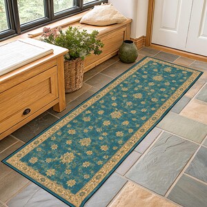 Turquoise Vintage Runner Rug, Turkish Floral Hallway Carpet, Distressed Boho Decor